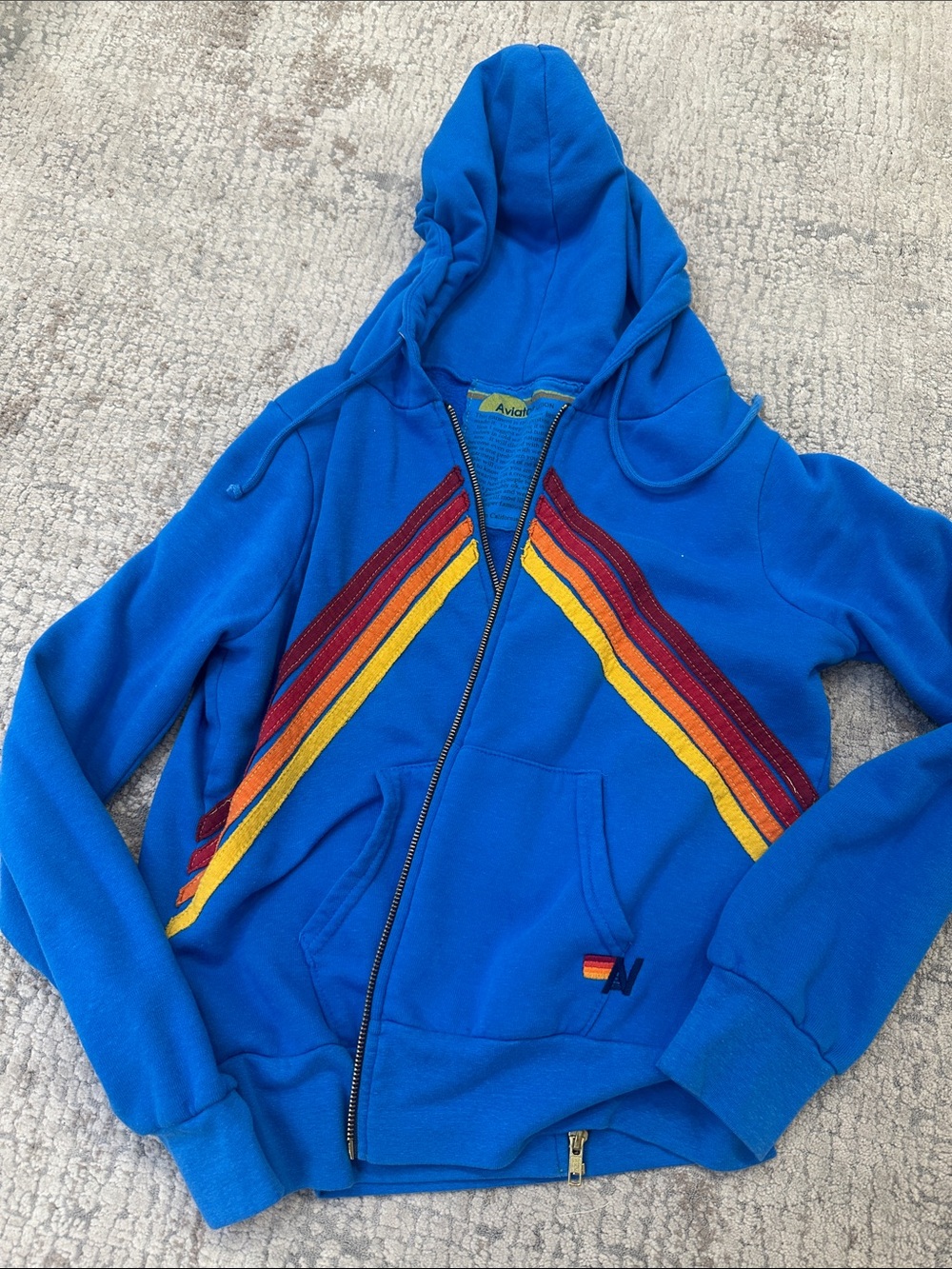 Aviator Nation Bright Blue Zip Hoodie with Red and Yellow Stripe Accents